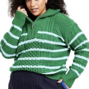 La Ligne Quarter Zip Striped Cable Knit Sweater